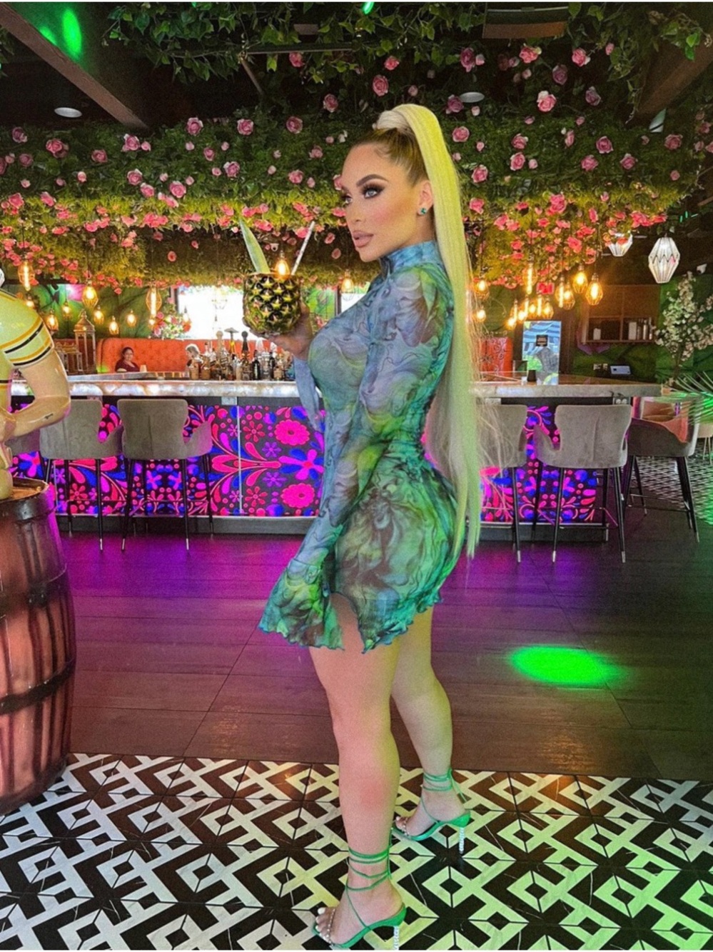 Sheer Green Print Long-Sleeve Mini Dress